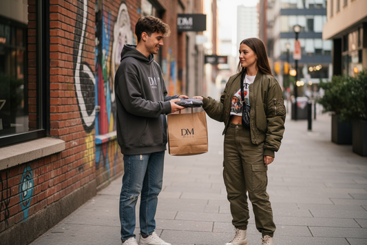 Genera otra foto con un personal de DM moda entregando el producto sin embargo que las personas tengan estilos mas urbanos y sea mas natural