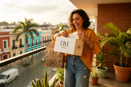 generame una imagen de una persona joven entre 40 y 25 años alegre de recibir su producto de DM MODA